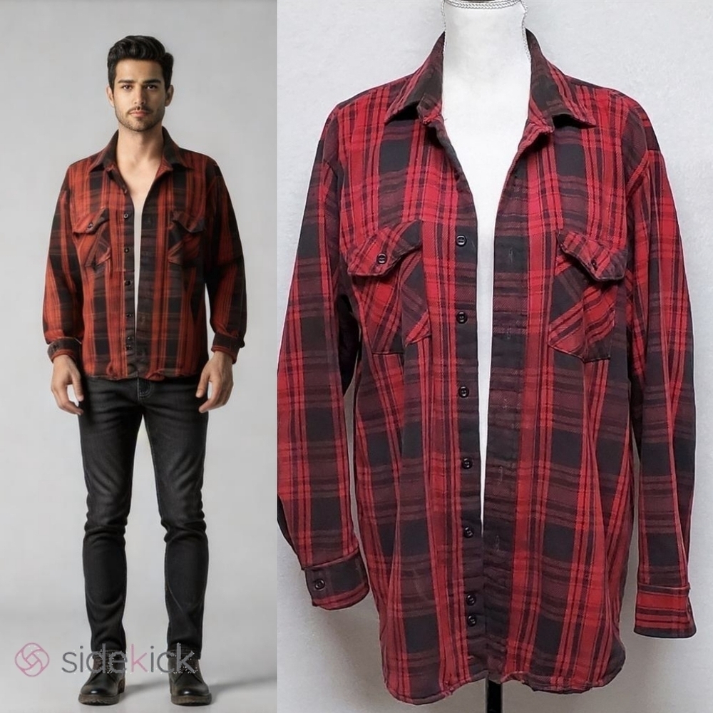 70s Vintage Red Black Plaid Quilted Button Front Oversized Flannel Jacket S